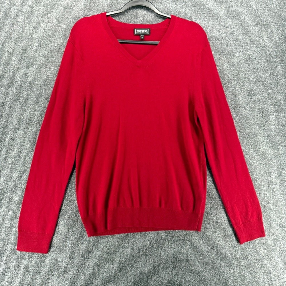 Express Sweater Mens M Red Merino Wool V-Neck Pullover Business Casual Office